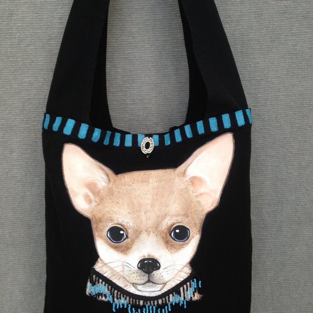 Black Canvas Hand Painted Chihuahua Shoulder Bag Brand New!